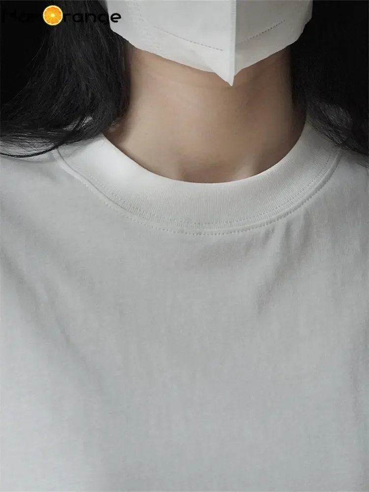 HanOrange 2025 printemps Simple en forme de H col rond manches courtes T-shirt femmes profil ample haut décontracté femme blanc/gris foncé/bleu
