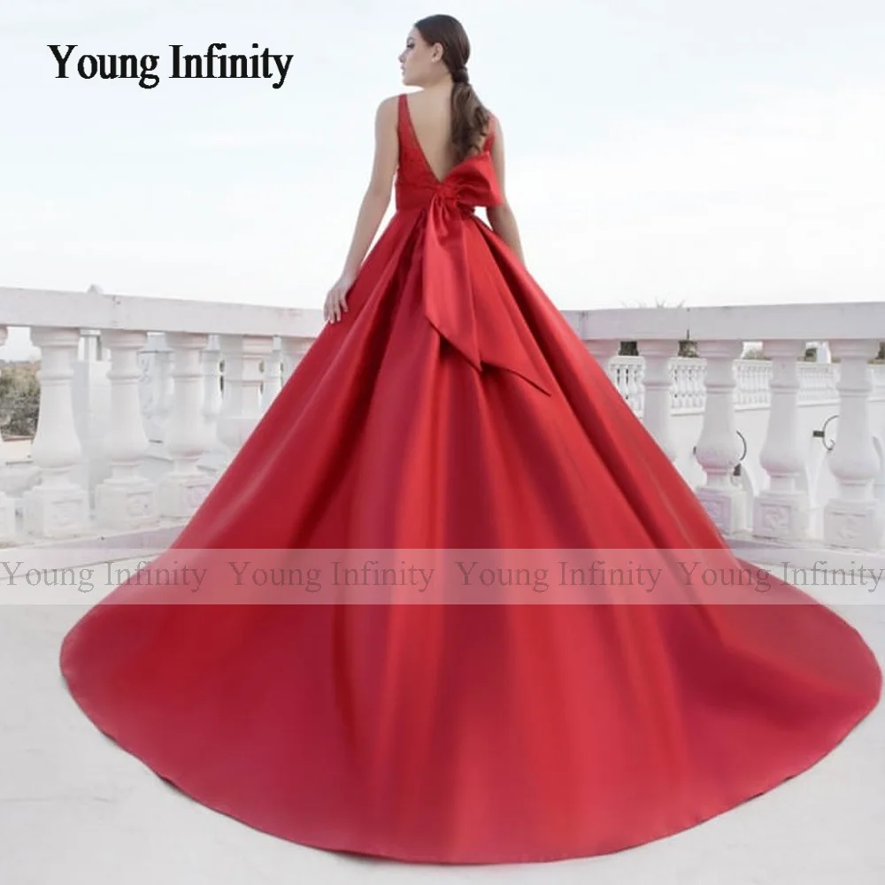 Red Ball Gown Matte Satin Wedding Dress Bow Backless Sequins Top Chapel Train Long Bride Formal Party Wear With Color Woman Gala