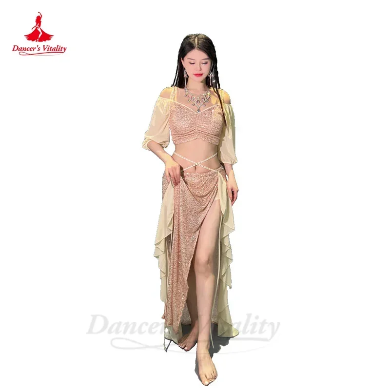 Costume da danza del ventre per donna Top a maniche corte + gonna lunga divisa 2 pezzi Set professionale orientale vestito da danza del ventre