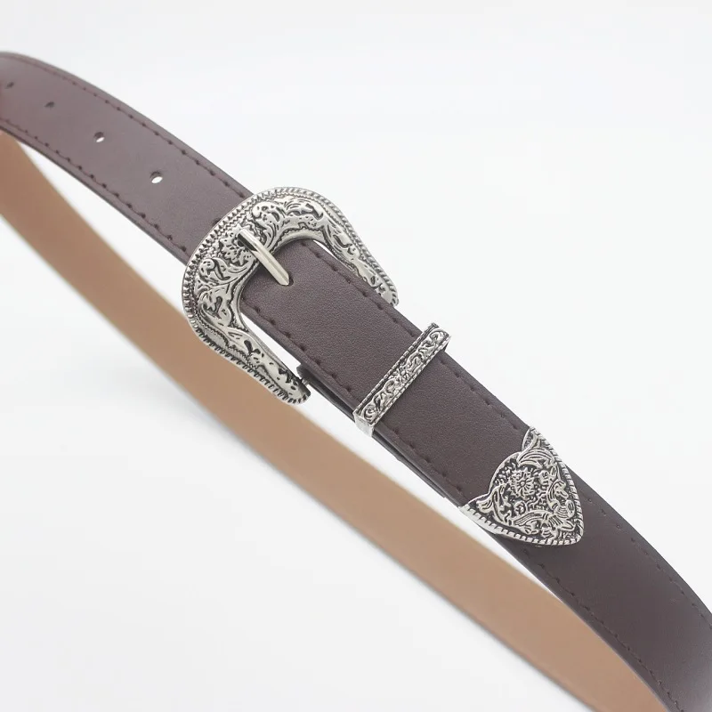 Adjustable Vintage Western Belt for Women Cowgirl Style Engraved-Buckle Belt for Jeans Pants Dresses