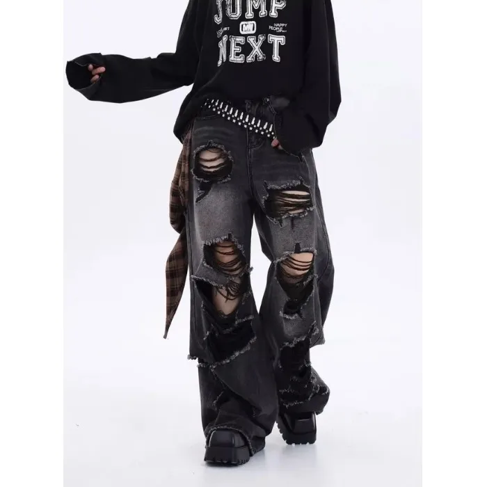 

High Waist Wide Leg Jeans Fashionable Casual Hole Design Korean Style Ladies Loose Fit Jeans Cotton Material Black Color