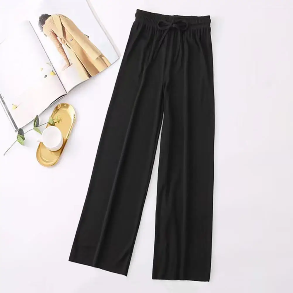 Ice Silk Casual Trousers Elastic Drawstring Waist Women's Summer Pants Solid Color Straight Wide Leg Trousers for Streetwear