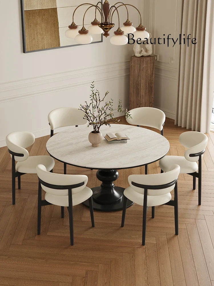 

dual-purpose stretching solid wood travertine rock slab dining table Retractable round dining table small apartment square