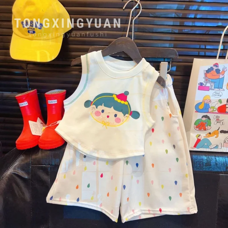 

Wonderful Journey Girls' Vest Set Korean Style Baby Vacation Cartoon Sleeveless Little Raindrop Straight Pants Two-Piece Set