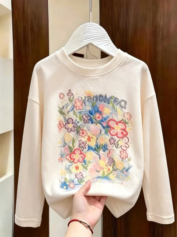 Trendy Floral Print round Neck Sweatshirt Base Layer Shirt for Girls Autumn New Arrival Fashionable Girls' Bottoming Top