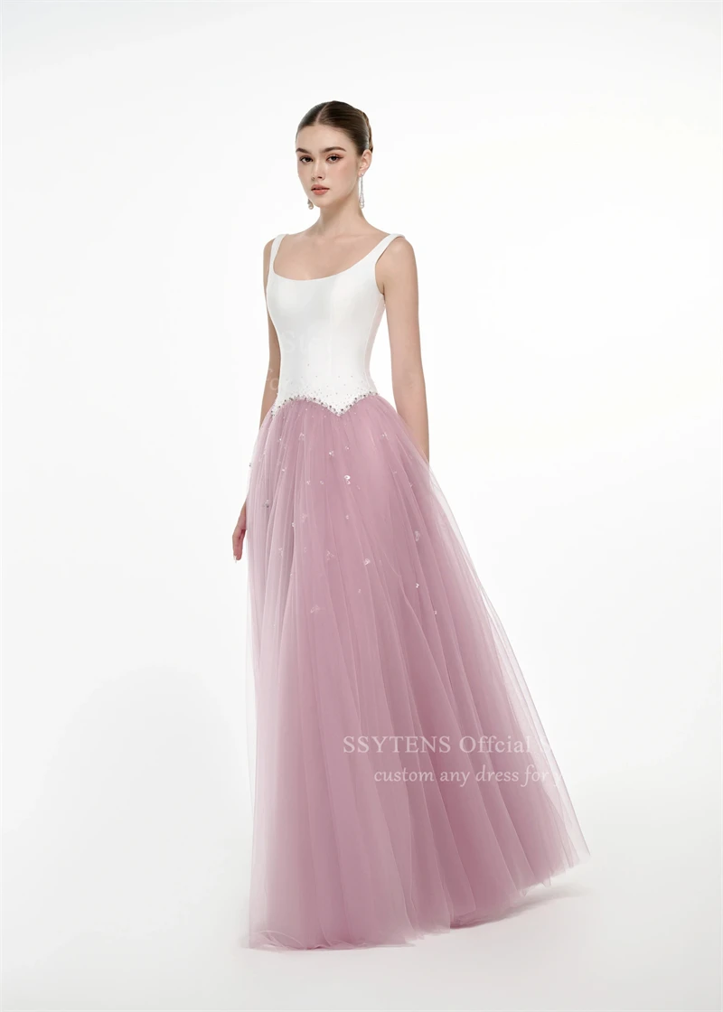 SSYTENS Ivory Satin Evening Dresses O Neck Strap Party Dresses Beads Pink Tulle A line Long Formal Occasion Dress Customize 2026
