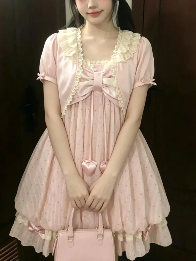 Sweet Lolita Vintage Cute Pink Polka Dot Lace Bow Ruffle 2 Piece Set Women Girls Puff Sleeve Cardigan Slip Dress Daily Outfit