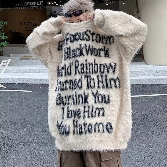 

Свободный крой, осенне-зимний мужской свитер большого размера, круглый, повседневный, вязаный, с буквенным узором для больших размеров, Blokes