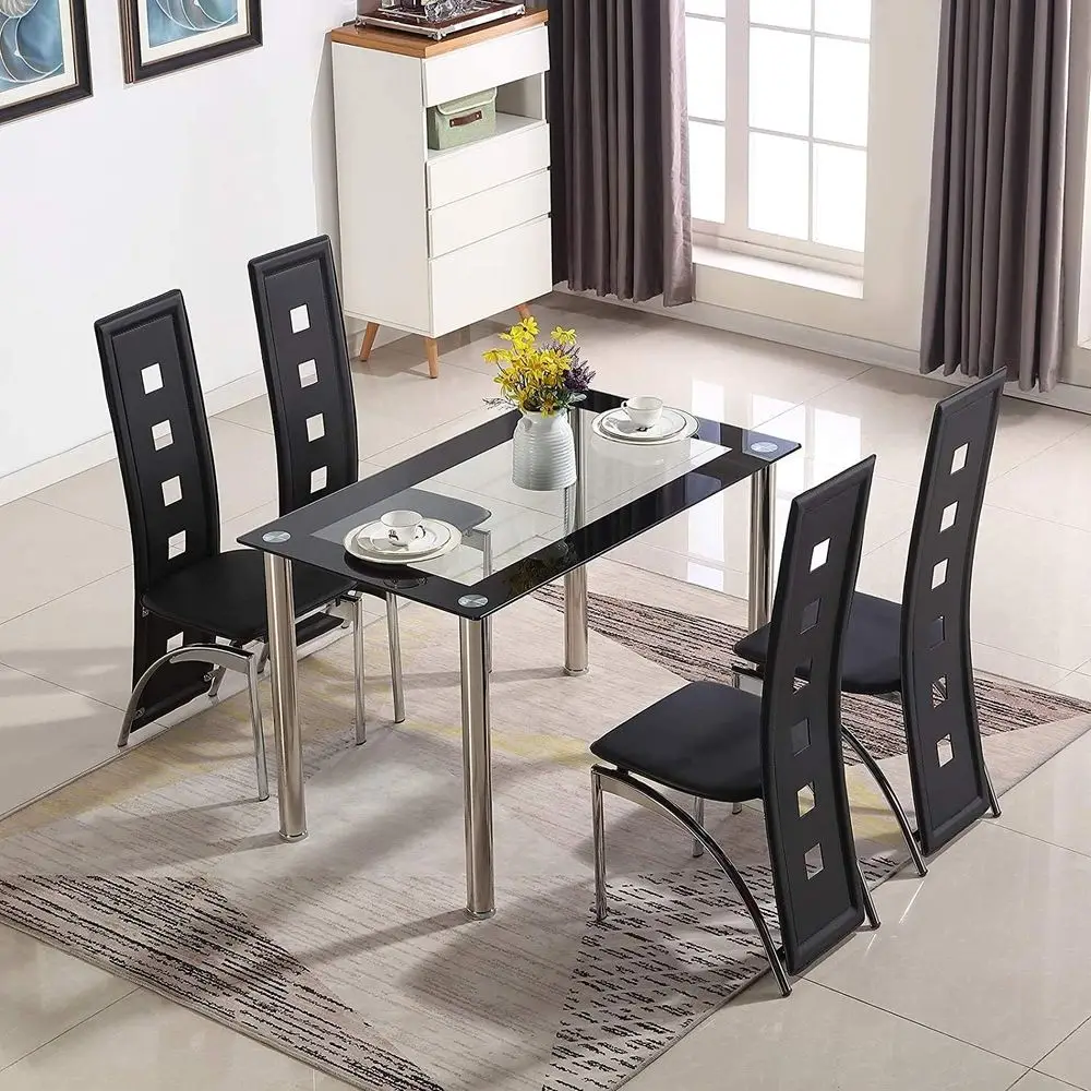 

5-Piece Tempered Glass Top Dining Set with 4 PU Leather Chairs for Kitchen and Breakfast Room, Black