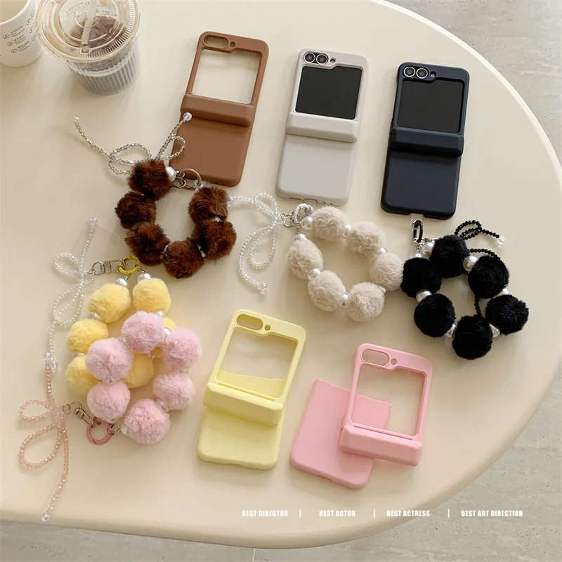 Candy Color Plush Bracelet Phone Cases For Samsung Galaxy Z Flip 3 4 5 6 Z Flip6 ZFlip6 Insert Cards Matte Shockproof Back Cover