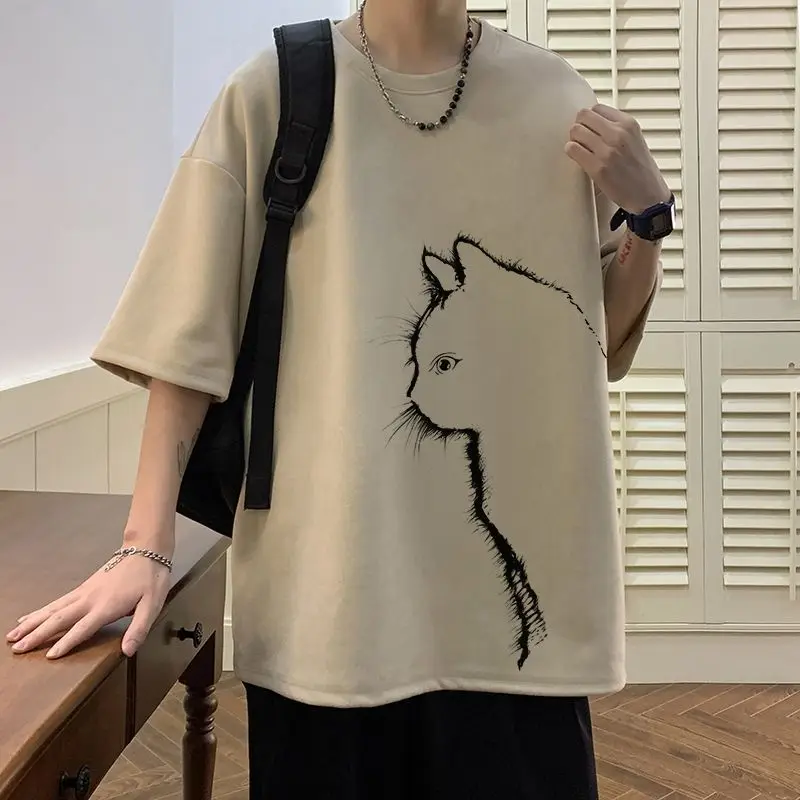 Men Short Sleeved T-shirt Suede Velvet Summer Cartoon Print Tops Loose Fitting Quarter Sleeves Leisure Time Cat Printing Hatless