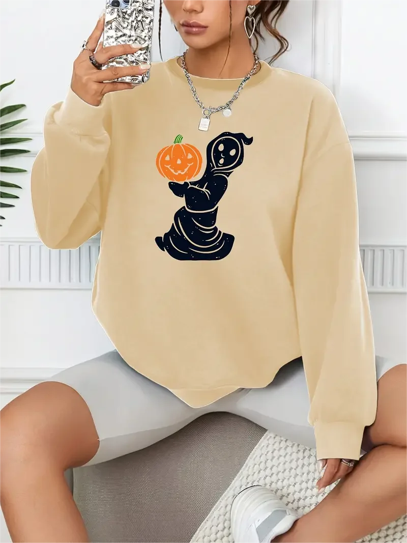 Halloween Cute Ghost & Pumpkins Print Pullover Casual Loose Fashion Long-Sleeved Sweatshirt Solid Color Women's Clothing