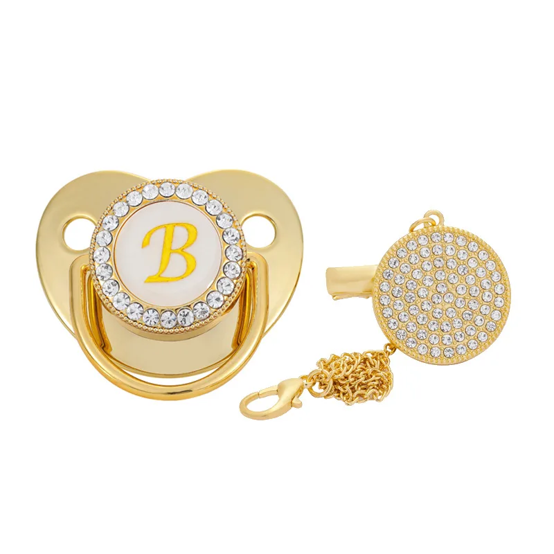 2023New Gold Diamond Baby Pacifier With With Dust Cover 26 Letters Name Initial Letters Baby Pacifier With Chain Clip Baby Items