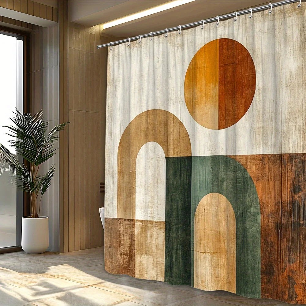 1pc Mid-Century Modern Geometric Shower Curtain - Abstract Brown, Green, and Burnt Orange Design with Beige Background, Polyeste