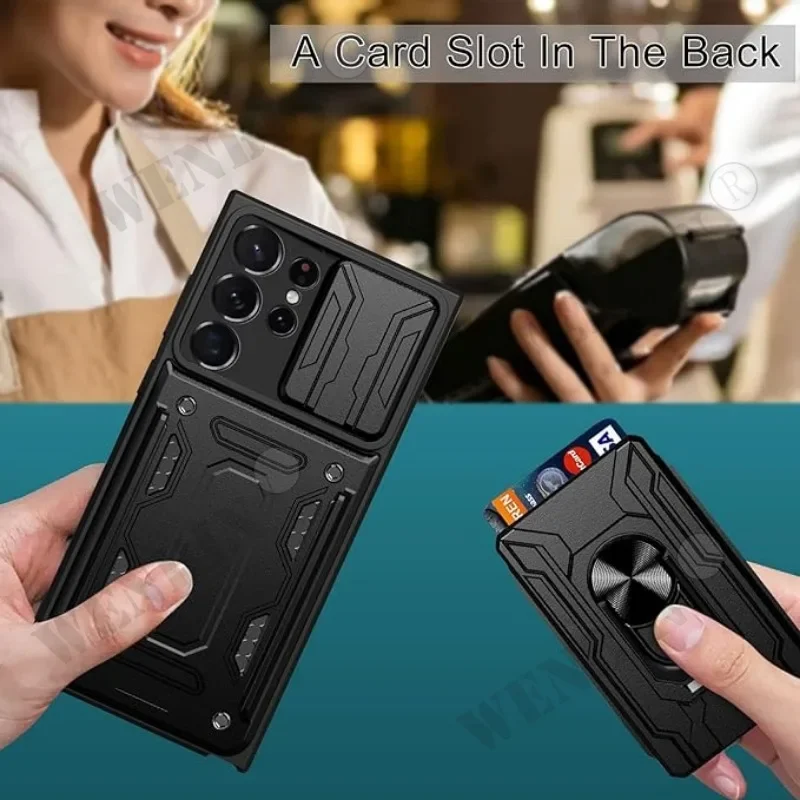 Case For Samsung S25 S24 Ultra A56 A55 5G Stand Ring Camera Military Grade Card Slot Cover Coque Capa Fundas
