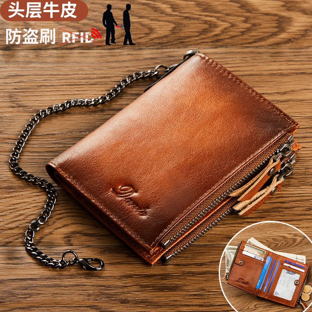 Visitenkartentasche aus echtem Leder, Kartentasche aus Rindsleder, RFID-Anti-Diebstahl-Karte, Führerschein, Kette, Reißverschluss, Geldbörse