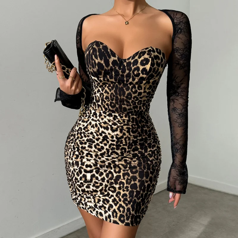 Autumn and fashionable leopard print steel ring wrapped lace see through trumpet sleeve long folded dress