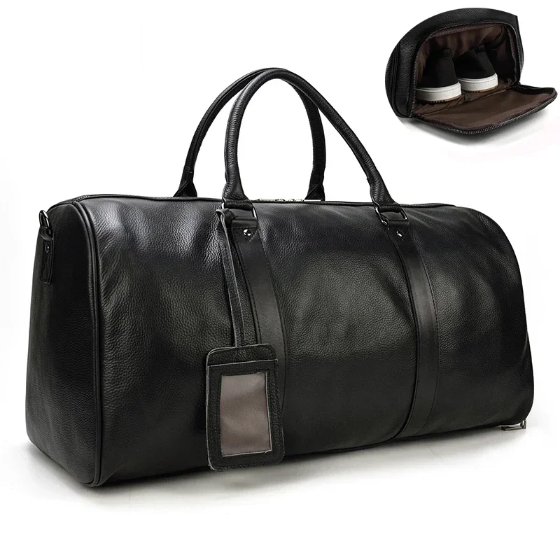 Bolsas de viaje de piel de vaca Natural para hombre, bolso de mano impermeable de cuero para viaje de noche, equipaje de avión para hombre, bolso de fin de semana de negocios, 55cm