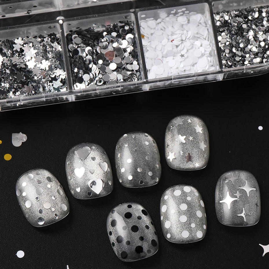 12 شبكة من الترتر اللامع لتزيين الأظافر بأشكال قلوب ونجوم ذهبية وفضية وسوداء وبيضاء ونقاط صغيرة لتزيين الأظافر بنفسك