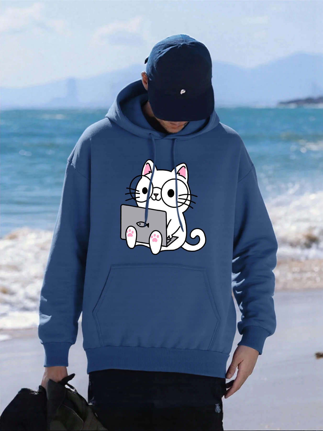 العمل الكمبيوتر القط الطباعة الرجال هوديس الهيب هوب فضفاض الشارع الشهير كل مباراة الصوف هودي الخريف متعدد الألوان رجل رياضية