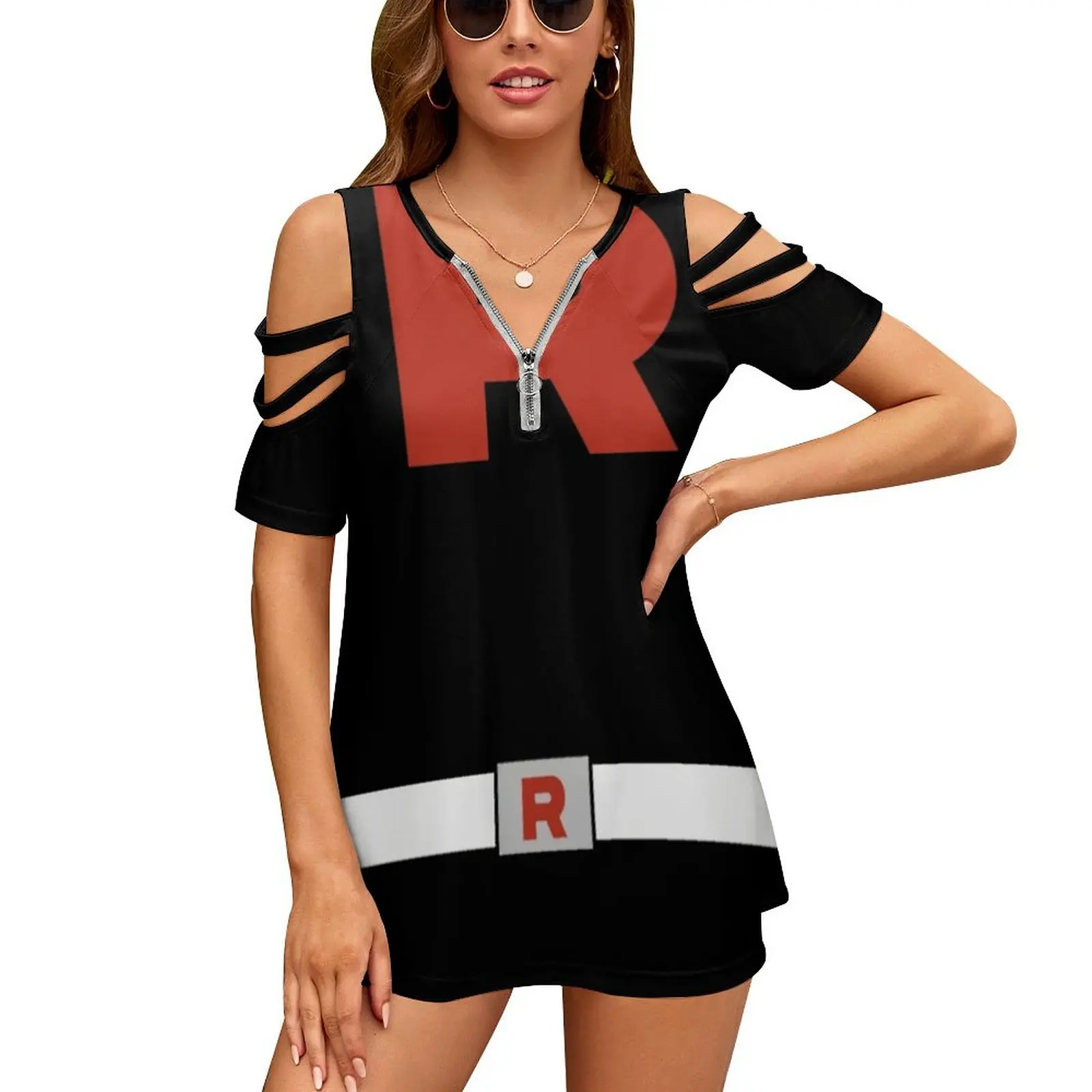 Team Rocket Grunt With Rocket Belt Women's T-Shirt Summer Fashion Print Floral V-Neck Zipper Tshirt Hollow Pullover Ladies Top