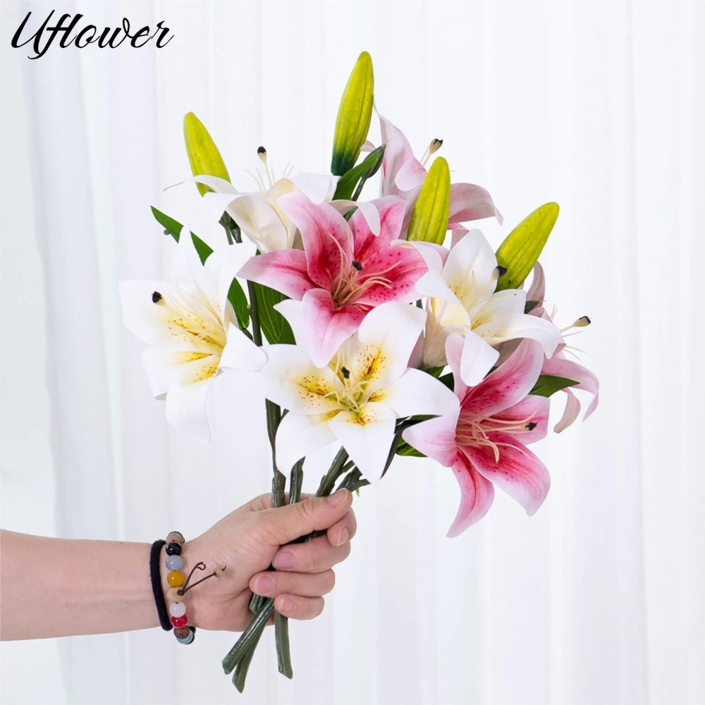 Artificial Flowers Real Touch Lily Branch Real Looking White Fake Flowers Flores for Wedding Garden Home Room Table Decoration