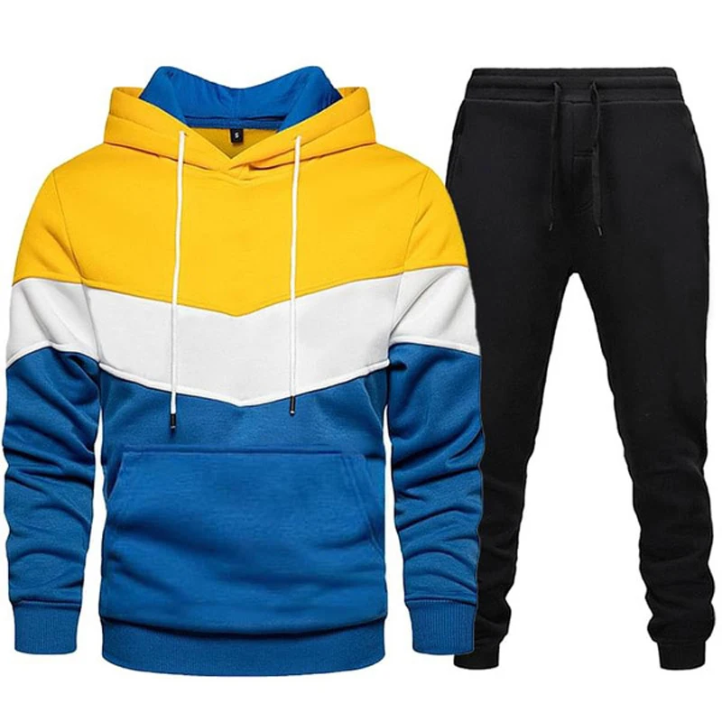 Autumn Winter Fashion Tracksuit Tricolor Hoodies and Black Sweatpants High Quality Male Daily Casual Sports Hooded Jogging Suit