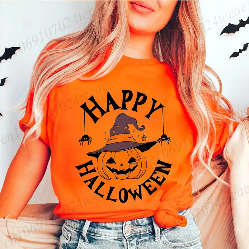 Women's Short Sleeve T- Shirt Happy Halloween Pumpkin Graphic Festive Stylish Casual Top Spooky Season Clothes Women Clothing