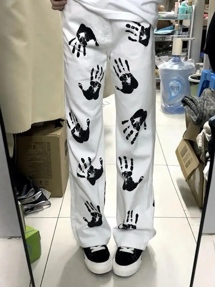 

Американские белые джинсы в стиле High Street, повседневные прямые джинсы для мужчин и женщин, модные брендовые уличные брюки в стиле хип-хоп, длинные штаны