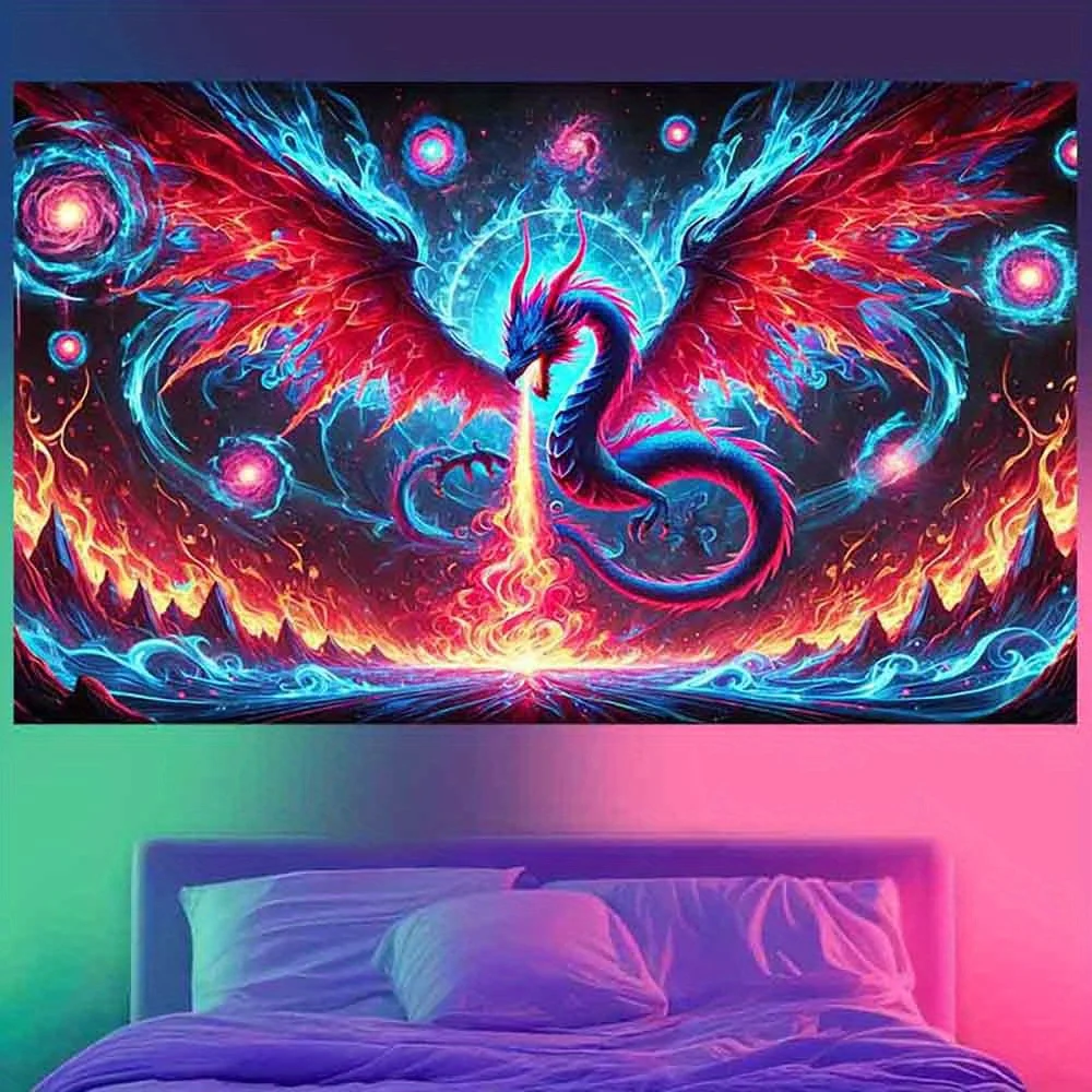 1 Piece Fluorescent Fantasy Dragon Tapestry - Polyester Material, Bedroom/Living Room/Dorm Decoration-with Free Installation Kit