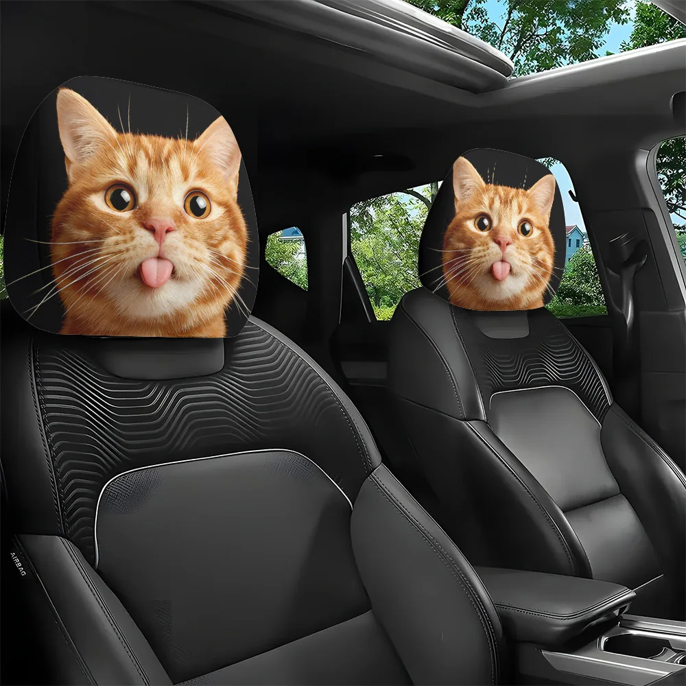 2pcs Kitten Tongue Out Printed Car Headrest Covers | Easy To Install and Wash
