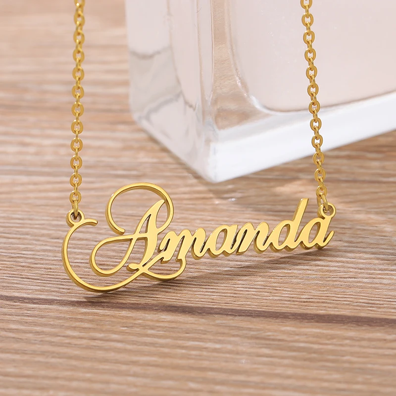 

Custom Name Hollow Heart Necklaces For Women Stainless Steel Cursive Script Customized Necklace Collier Jewelry Couple Gift