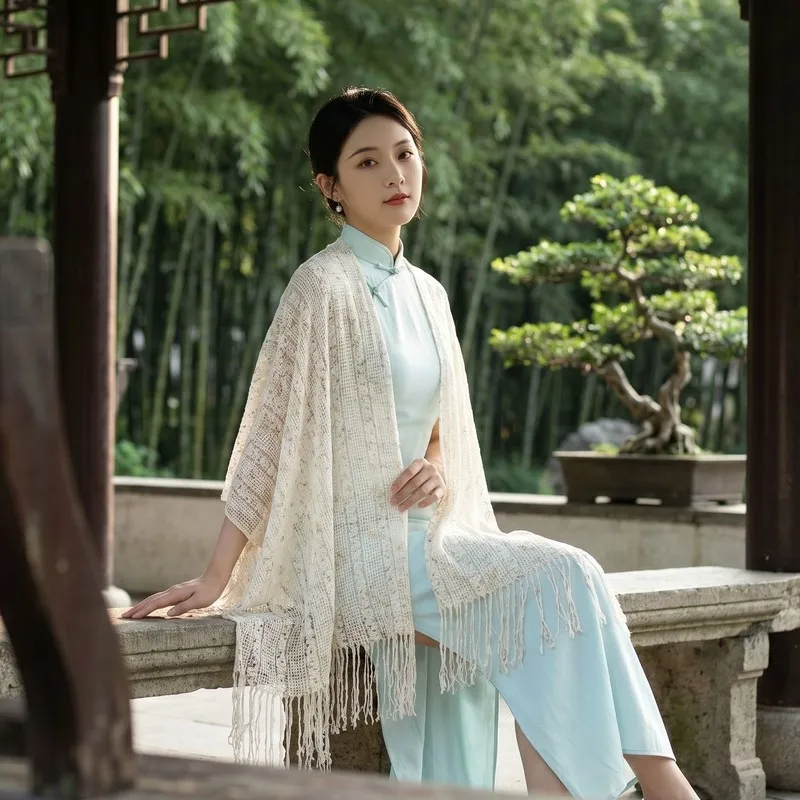 New women's summer cheongsam-style shawl, featuring a hollow-out knit design, a lightweight cardigan, and a warm cape