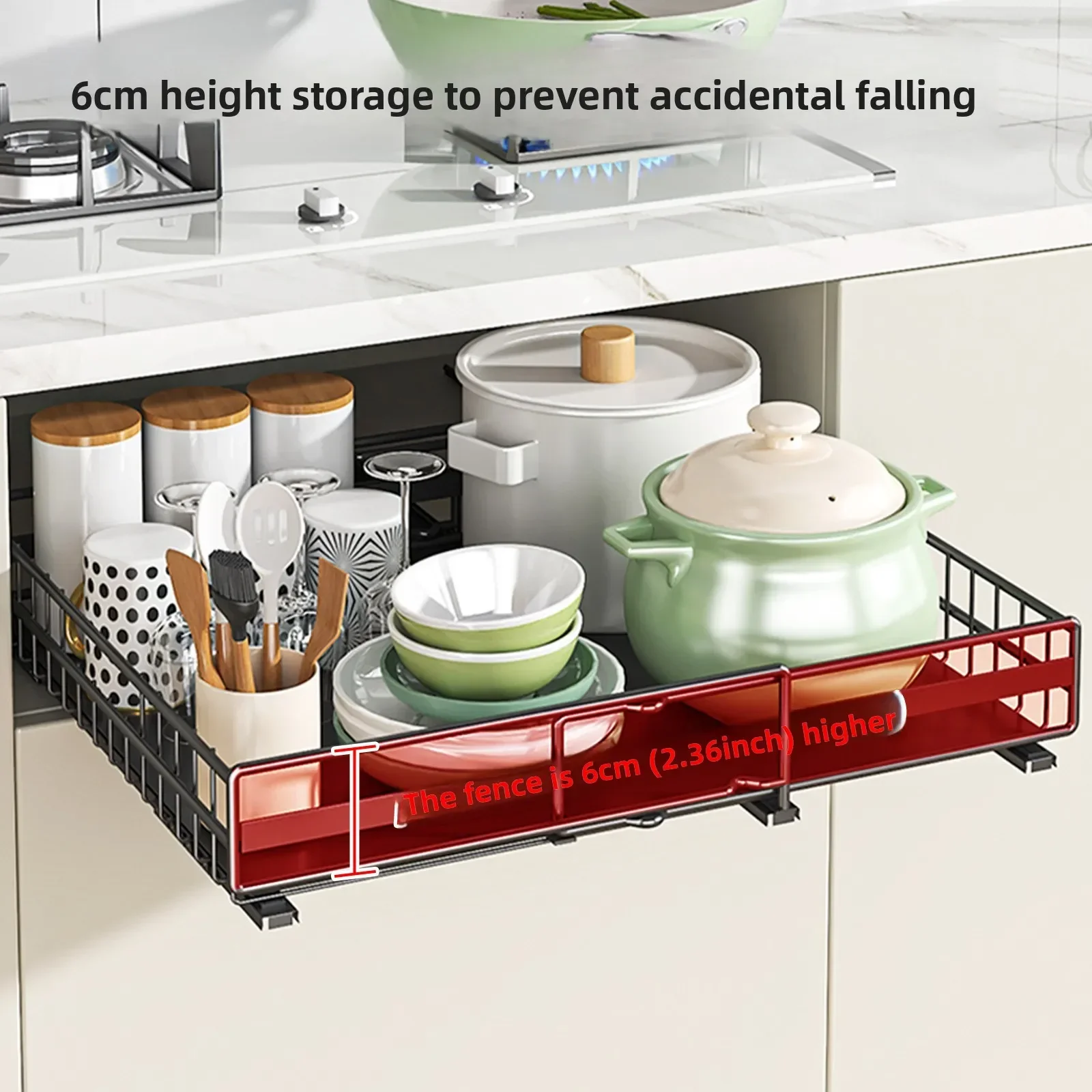 Kitchen retractable storage rack No punching, drawer type, pots, seasonings, dishes, basket, sink, pull rack