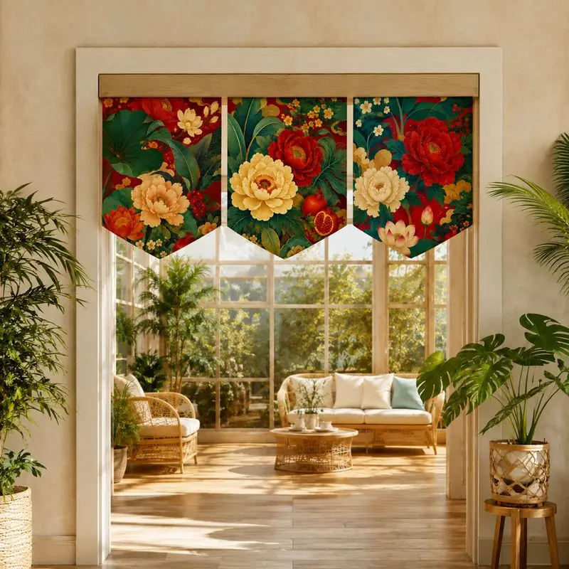 VIKAMA Triangle Flag Door Curtain Fortune Cat Peony Lotus Lantern Pennant Banner Door Hanging Chinese Japanese Style Home Decor