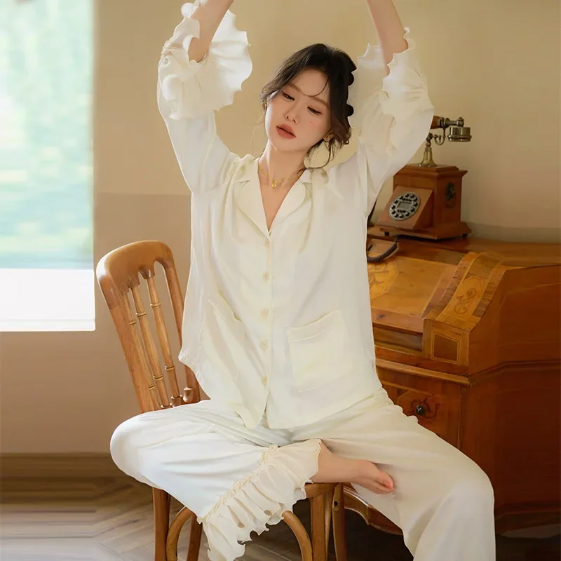 2024 Women French Two-Pieces Ice Silk Long Sleepwear Full Flare Sleeves Cardigan Pajamas Casual Loose Turn-Down Collar PYJS New