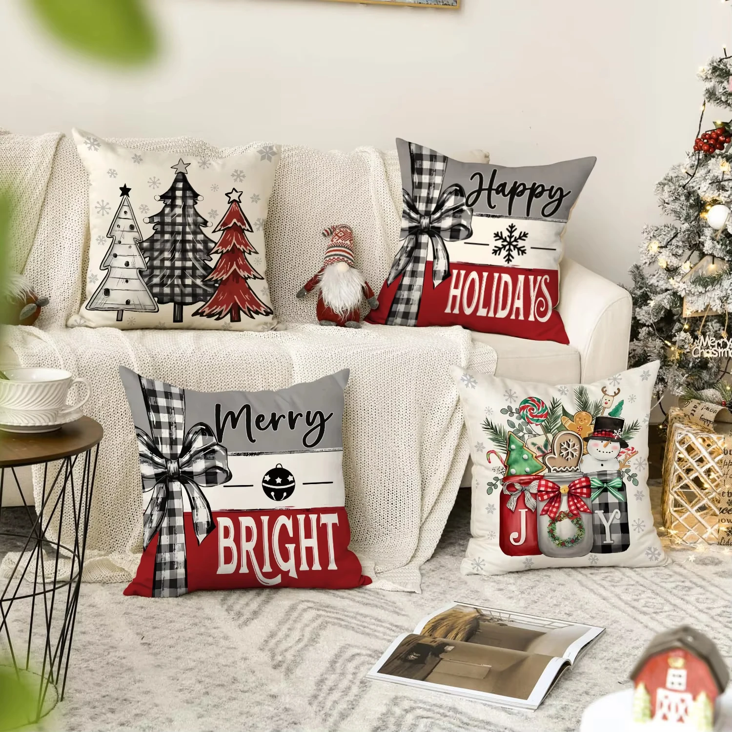 1PC Christmas Pillow Cover, Christmas Tree Snowflake Snowman Winter Forest Flower Mason Jar Decorative Sofa Cushion Cover