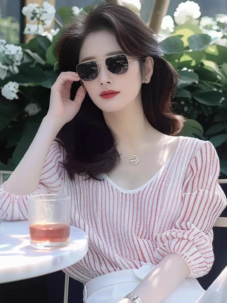 Koreaanse Sle ronde Ne Pullover ort Sve Sweet Cute Verticale Strepen Roze Basis irt Zomer Nieuwe Collectie Zijden Top