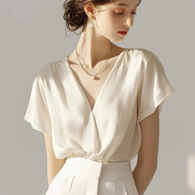 

Women Summer Elegant Temperament V-neck Solid Color Short Sleeve Chiffon Shirts Ladies Fashion Office Lady All-match Casual Tops