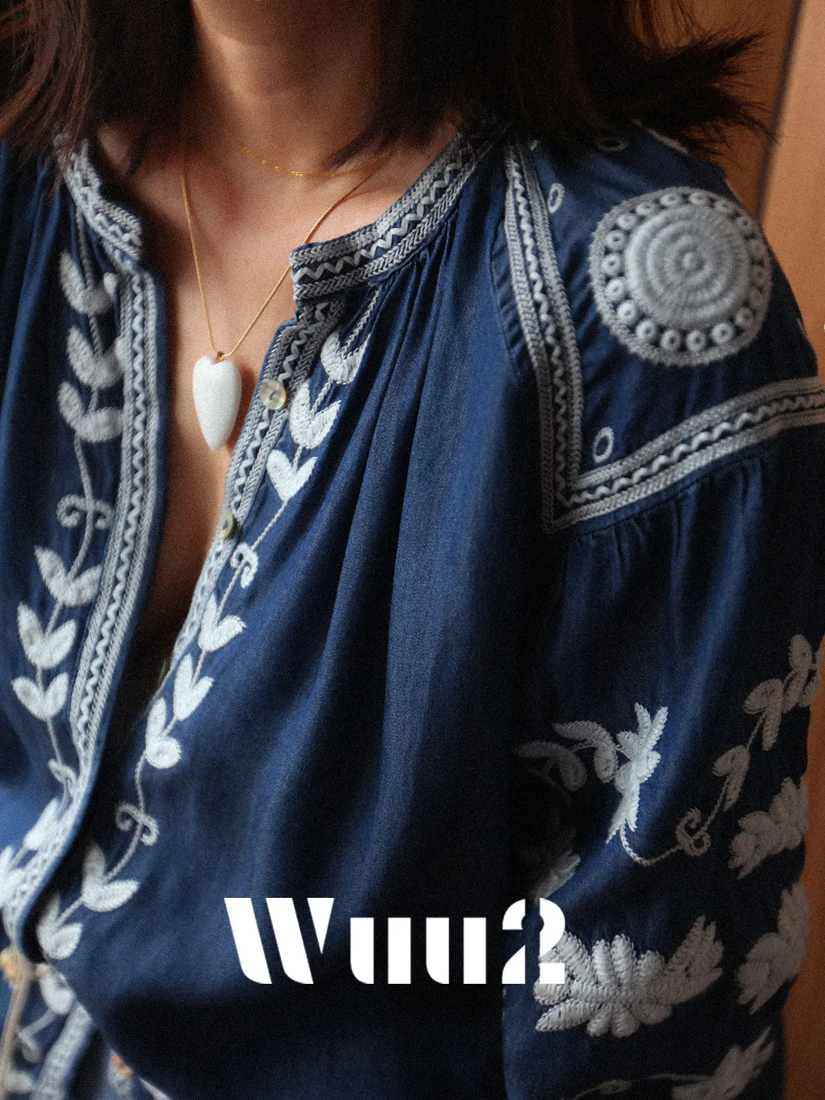 

Wuu2 Moravia Vintage Heavy Embroidery Silk Waed Denim irt Thin Soft Comfortable Women's Loose Fit V-ne Button-up Top