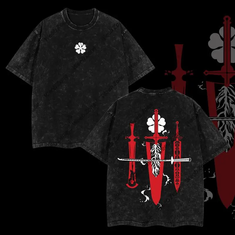 Double Sided Black Clover Four Leaf Clover Sword Vintage Washed Anime Graphic Oversized Cotton Streetwear T Shirt