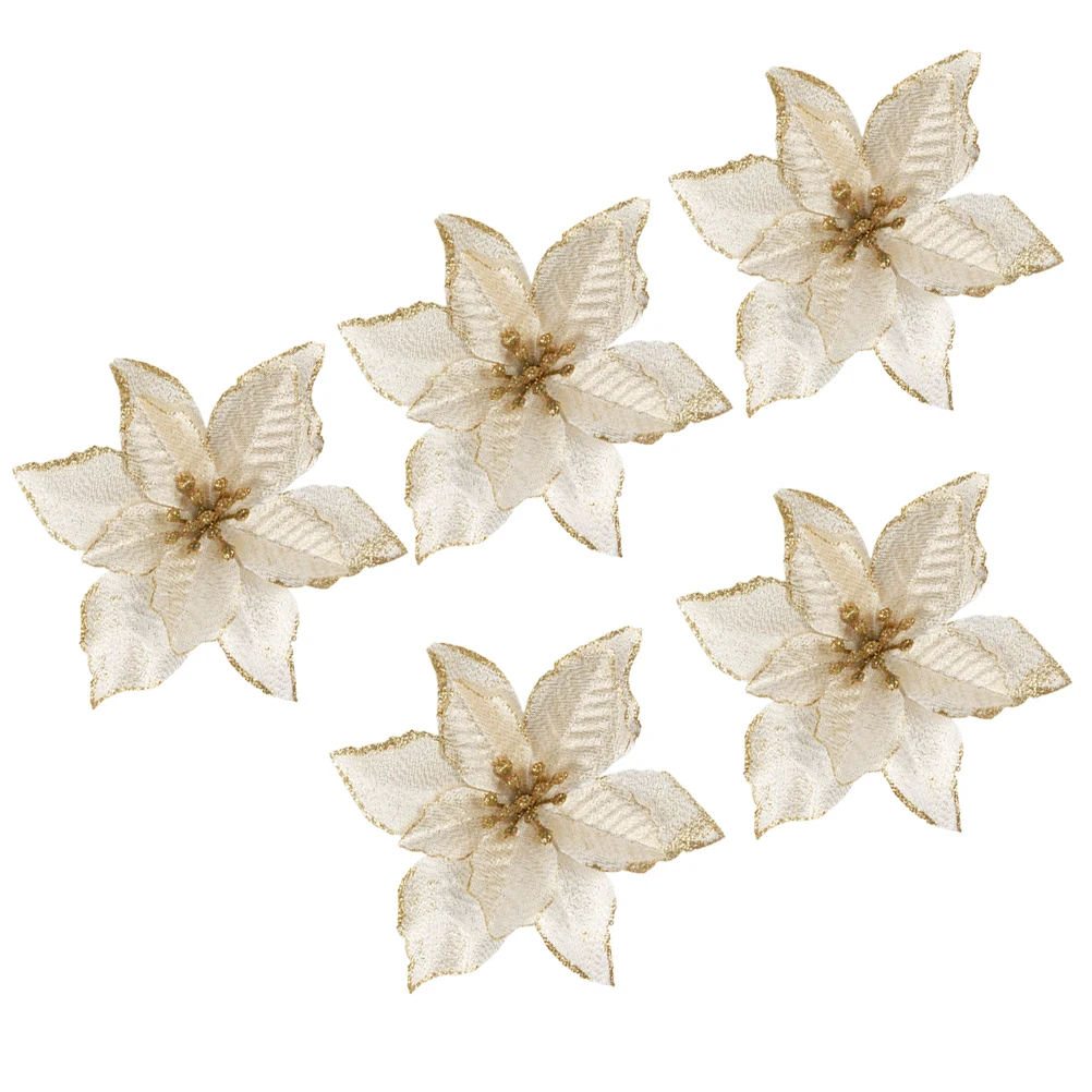 

5Pcs Christmas Glitter Flowers Golden Artificial Floral Decorations Christmas Tree Ornaments Indoor Outdoor Festive Wreath