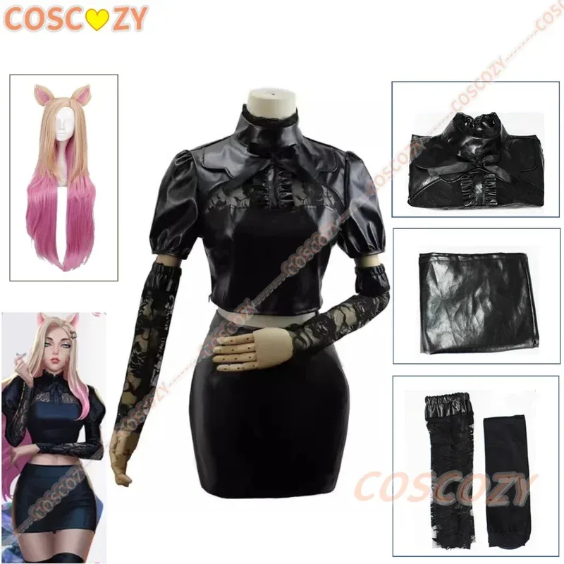 

Ahri Sexy Black Leather Skirt KDA All Out Ahri Cosplay Costume Wig Women Halloween Party Uniforms Hair Ears Set