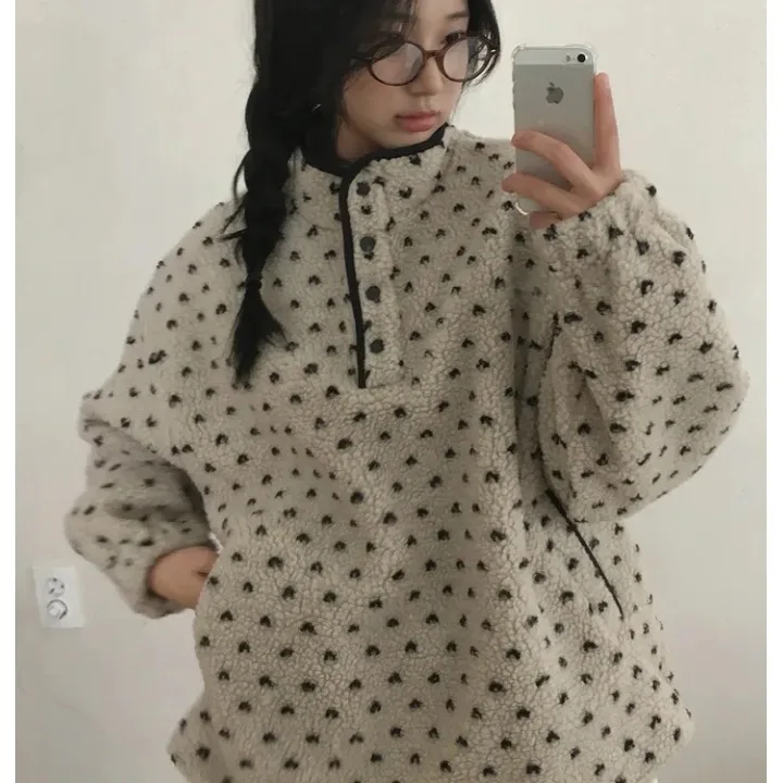 

Double-Sided Fce Color Blo Outerwear Women's Loose Lazy Sle Sweatirt Autumn Winter New Faion Design Casual Streetwear