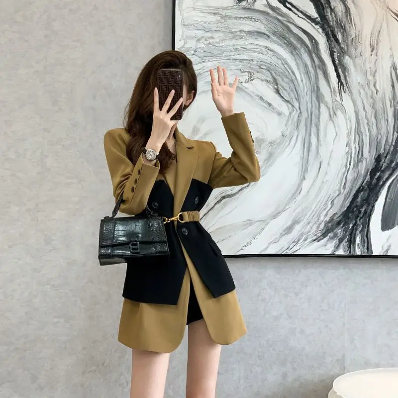 New Design Blazer Women Fashion New Loose Korean Spliced Single Breasted Blazer Mujer Femal with Belt