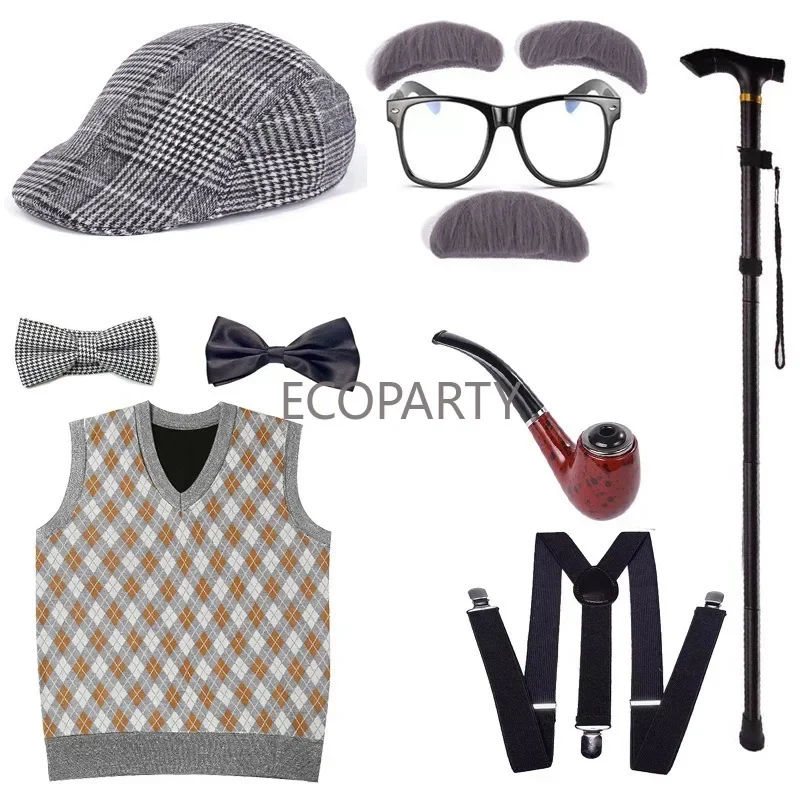 2024 New Kids 100 Days of School Costume for Boys Halloween Old Man Costume Hat Glasses Wig and Grandpa Vest Cane Full Set Child view 3