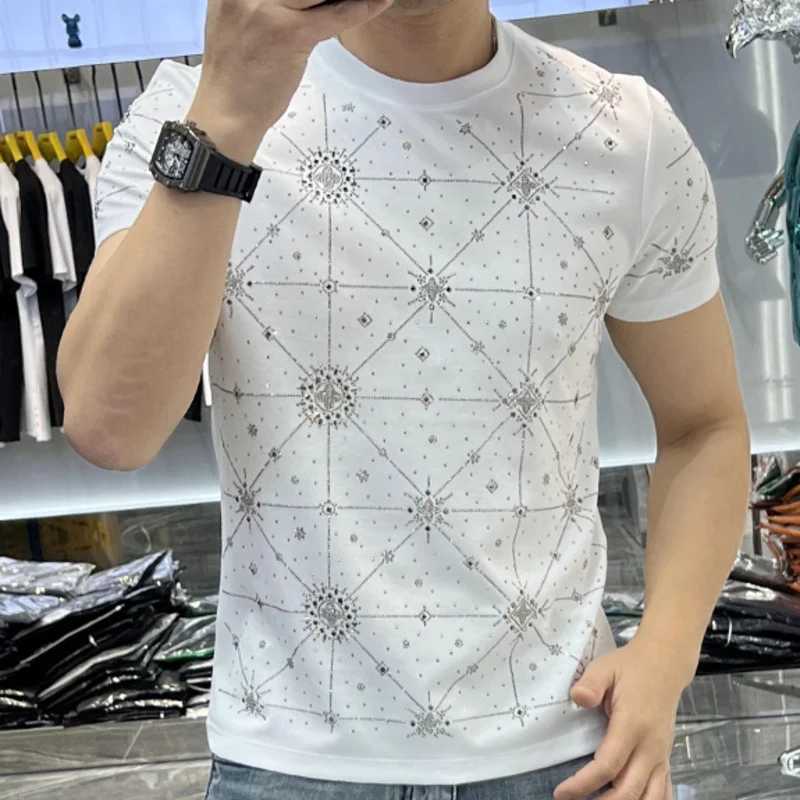 Summer Hot Drill Star Short Sleeve T-shirt Men's Brand Rhinstones Leisure Top Tshirt For Men Social Club Outfits Tee Shirt Homme