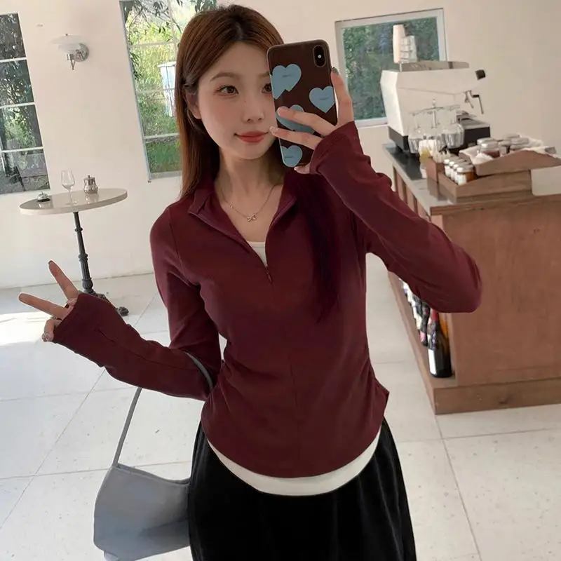 Women's Long Sleeve T-Shirt Shoulder Width Regular Fit Design Sensation Small Audience Early Autumn Top Wine Red Color