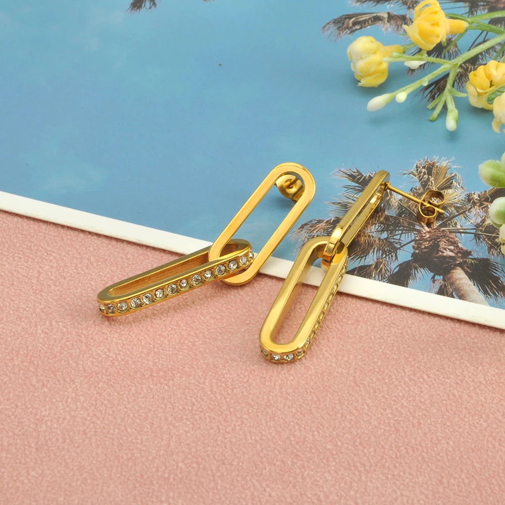 JeeMango Vintage Edelstahl Büroklammer Zirkon Ohrringe Luxus Kristall Hoop Ohrringe Für Frauen Party Trendy Schmuck E25113