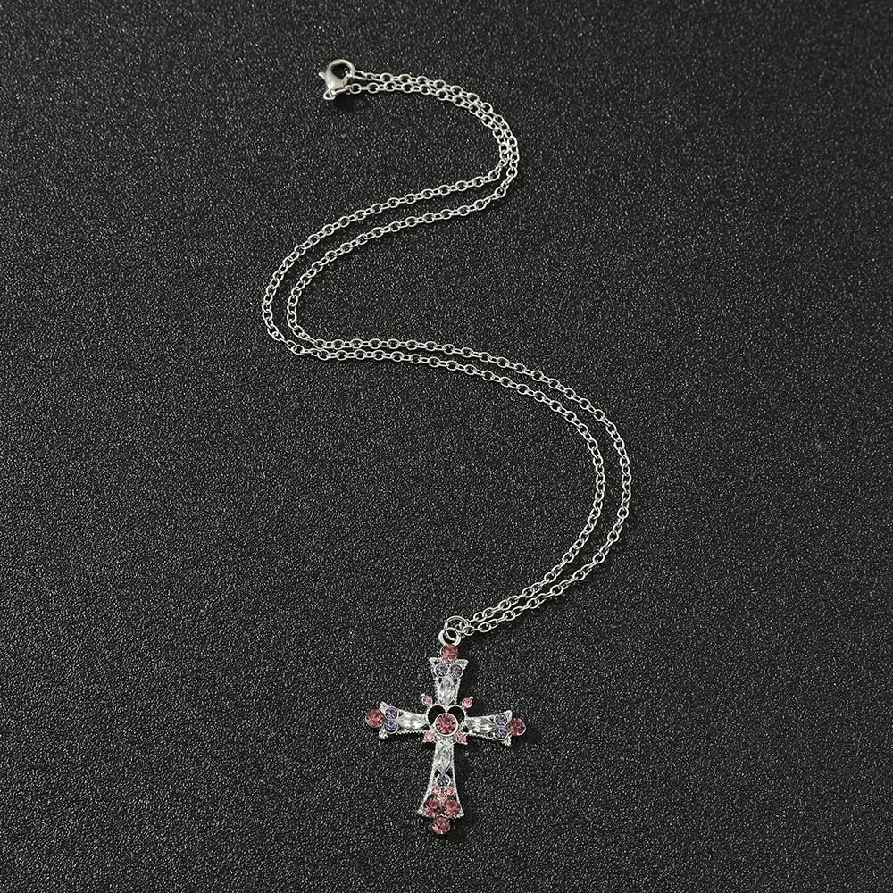 Colliers avec pendentif croix de jésus en cristal rose pour hommes et femmes, style bohème, en argent, ras de cou de clavicule, Vintage, à la mode